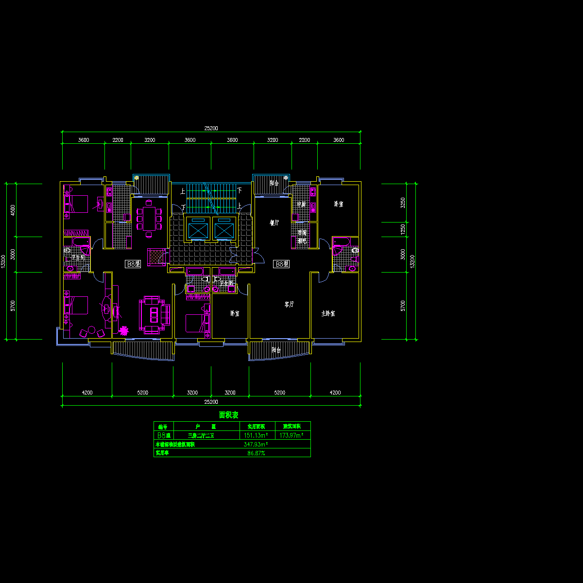 板式高层一梯两户三室两厅方案设计CAD图纸（174/174） - 1