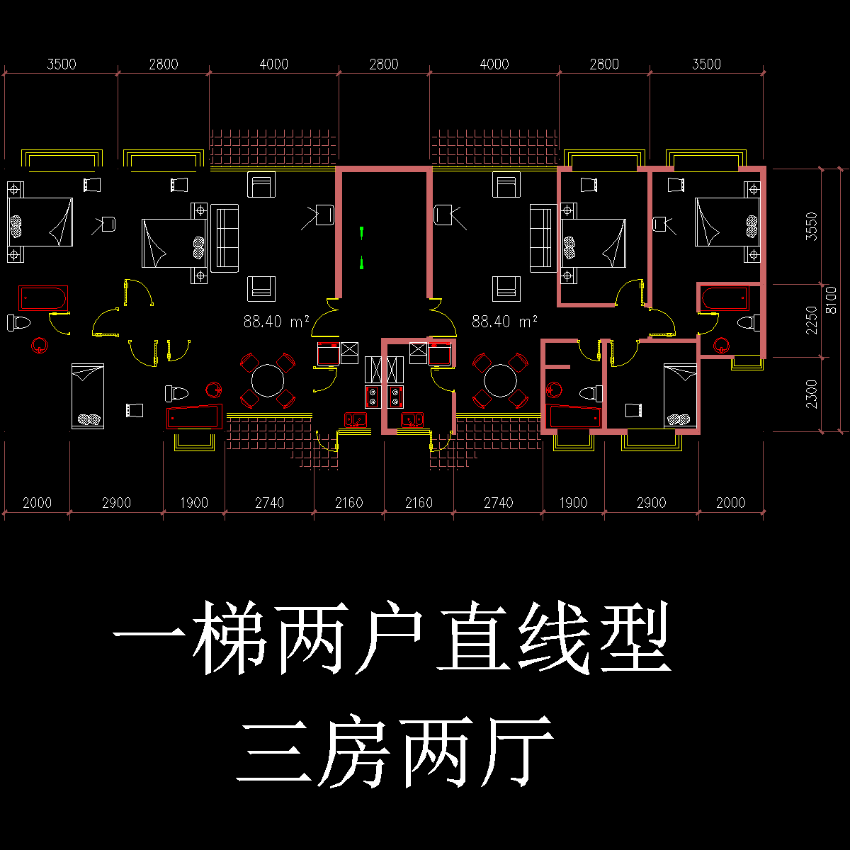 板式多层一梯二户直线型户型CAD图纸 - 1