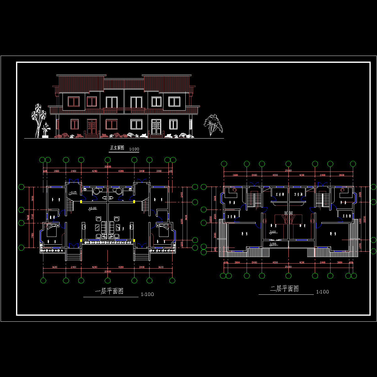 2层双拼小康农居建筑方案设计CAD图纸 - 1