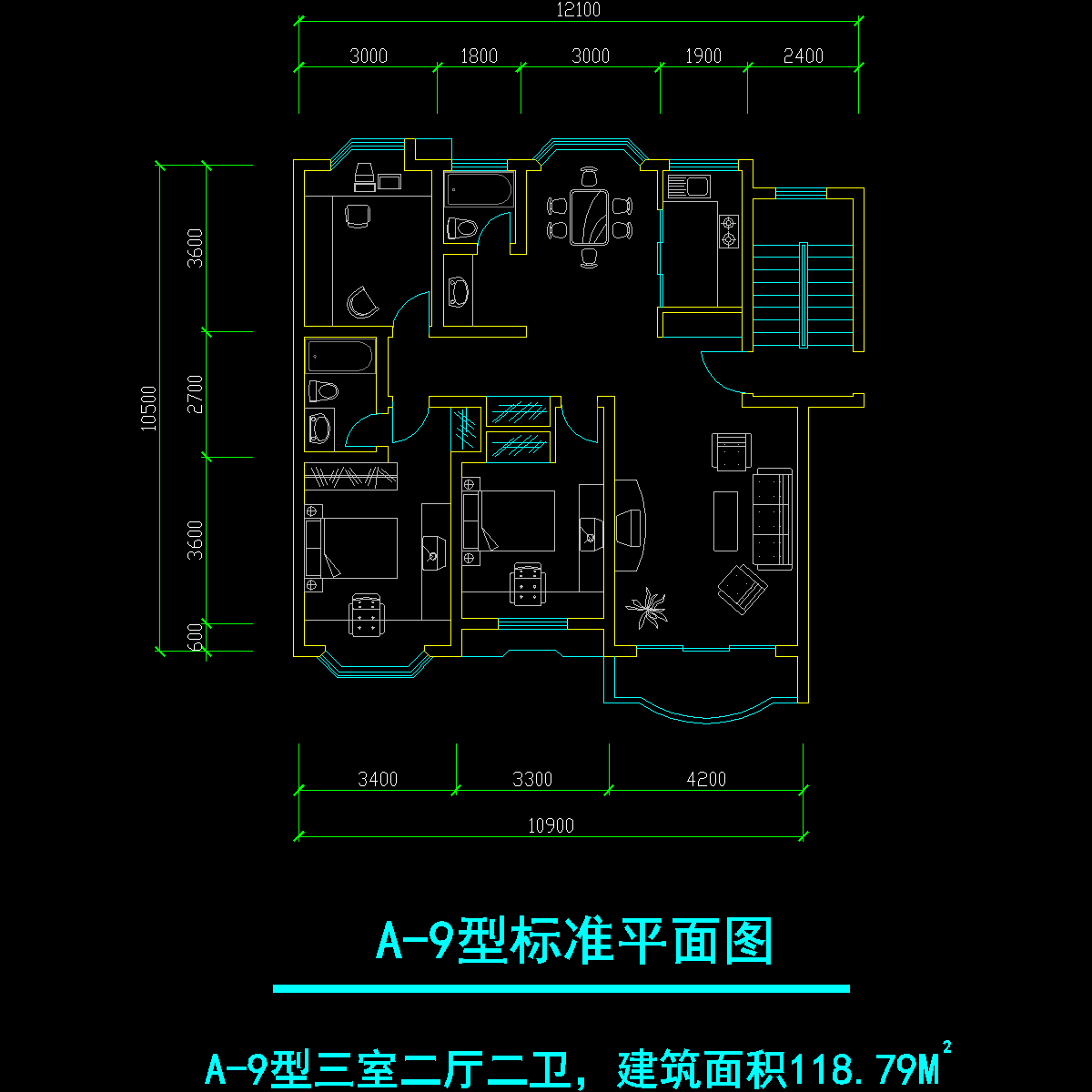 板式多层一梯二户三室二厅二卫户型CAD图纸 - 1