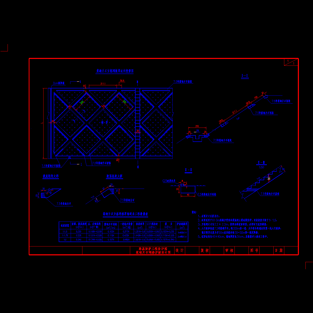 路基防护浆砌片石网格护坡节点构造CAD详图纸 - 1