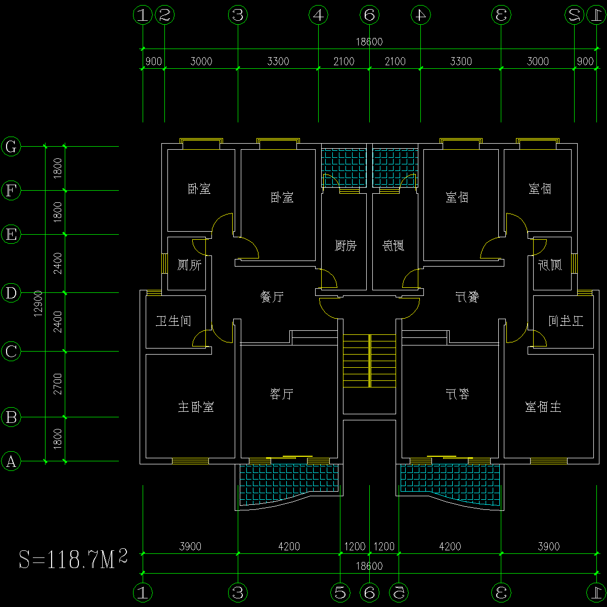 板式多层一梯二户户型CAD图纸 - 1