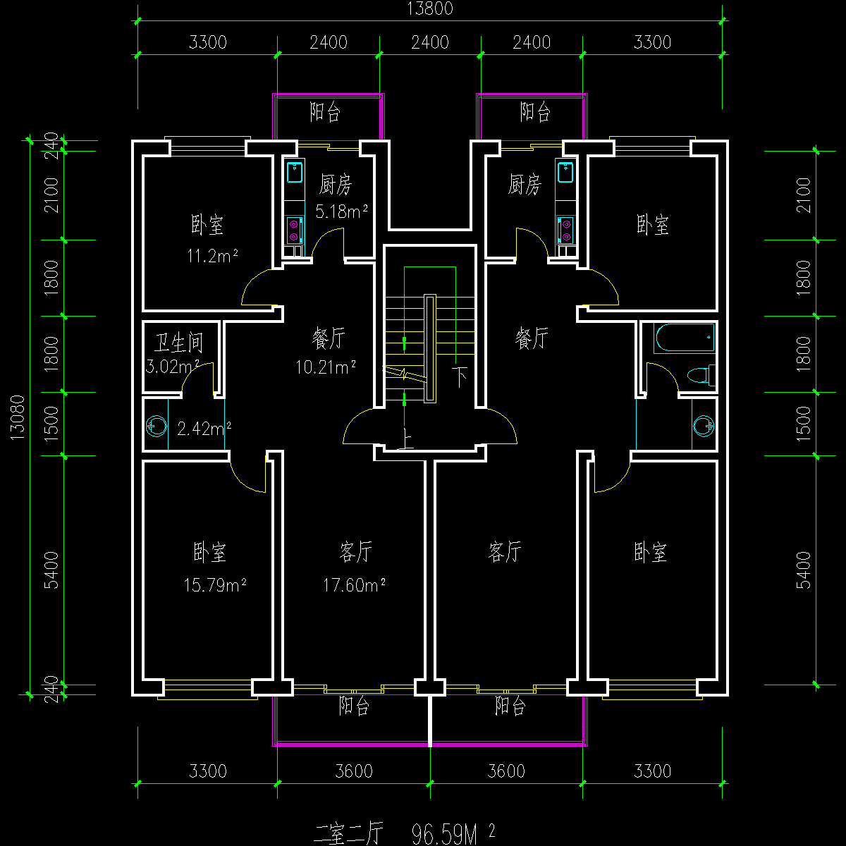 板式多层一梯二户户型CAD图纸 - 1