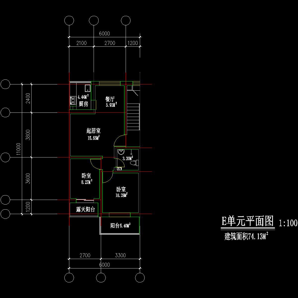板式多层三室单户户型CAD图纸 - 1