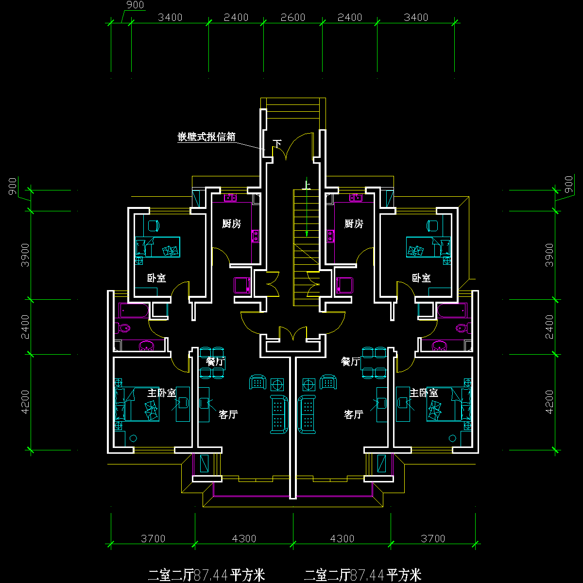 板式多层一梯两户二室二厅一卫户型CAD图纸 - 1