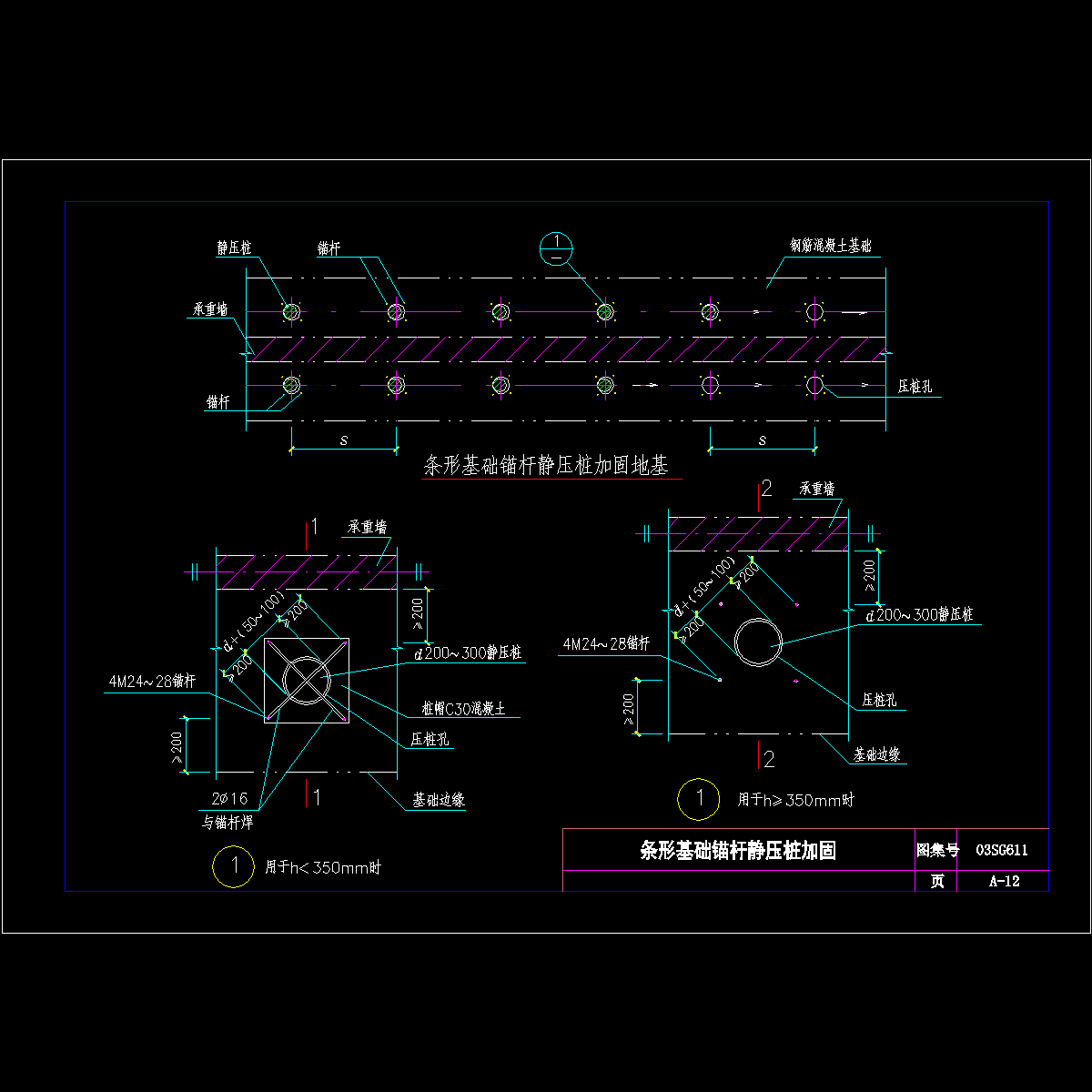 条形基础锚杆静压桩加固节点构造CAD详图纸 - 1