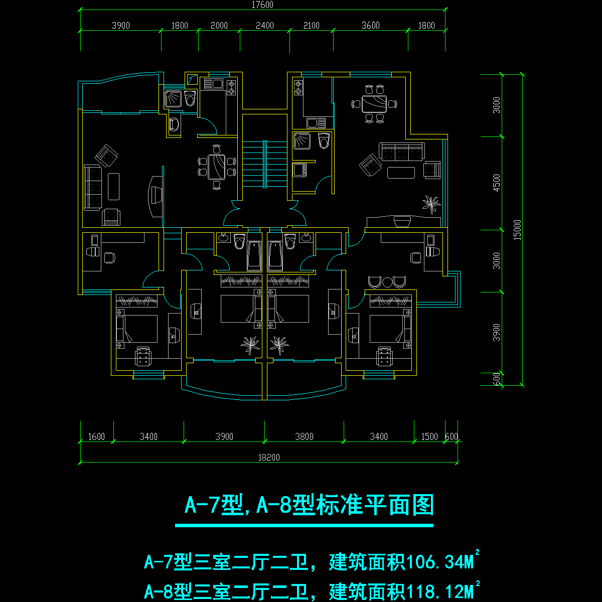 板式多层一梯二户三室二厅二卫户型CAD图纸 - 1