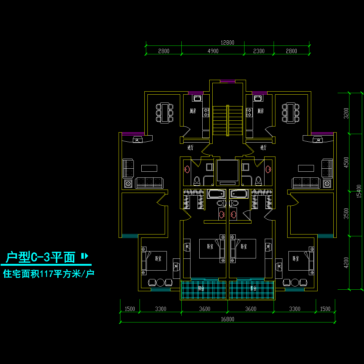 板式高层一梯二户户型CAD图纸 - 1