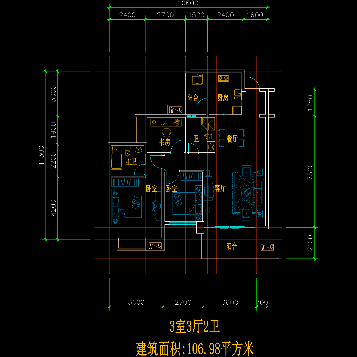板式多层单户三室三厅二卫户型CAD图纸 - 1