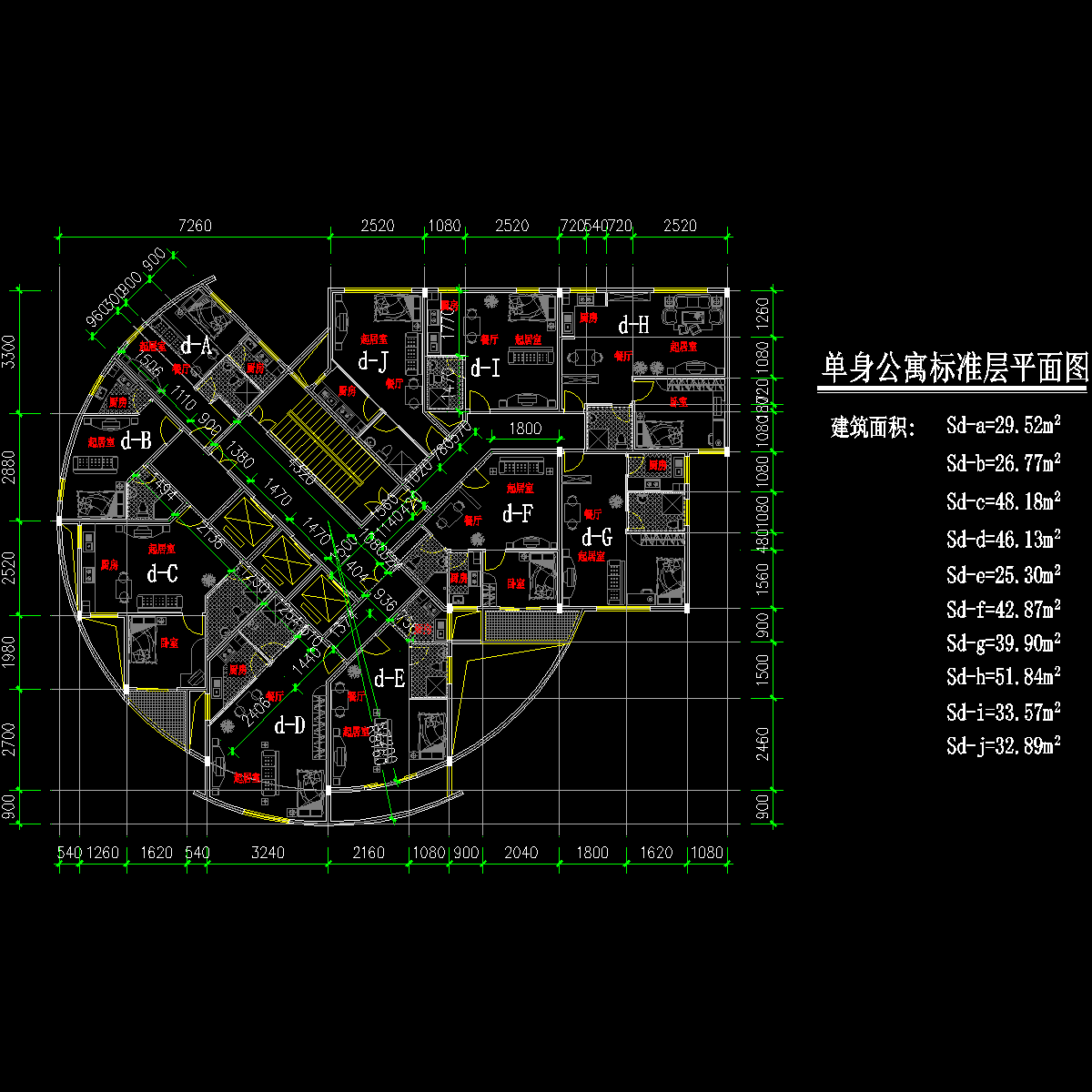 塔式高层一梯十户单身公寓户型CAD图纸 - 1