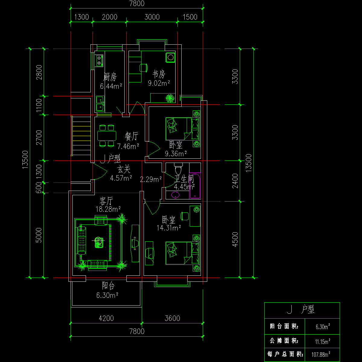 板式多层一梯两户户户型CAD图纸 - 1