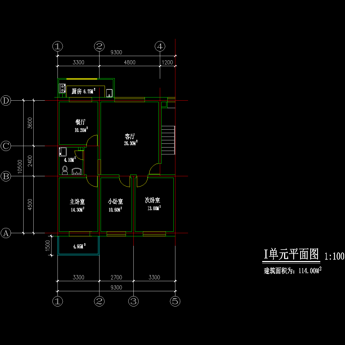 板式多层三室单户户型CAD图纸 - 1
