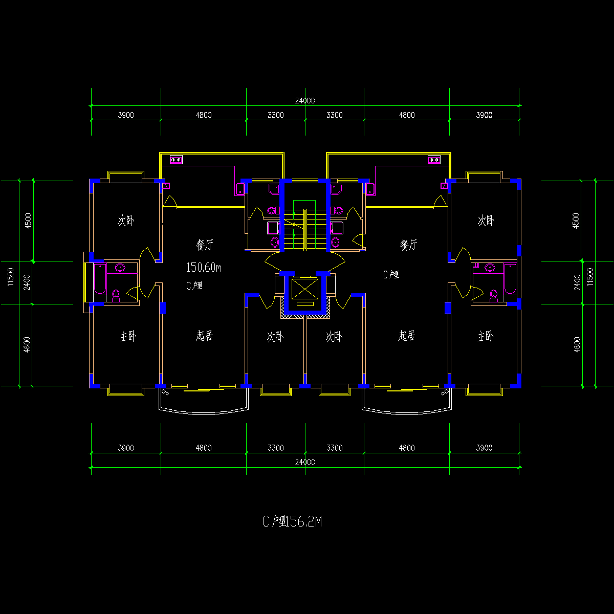 板式高层一梯两户户型CAD图纸 - 1