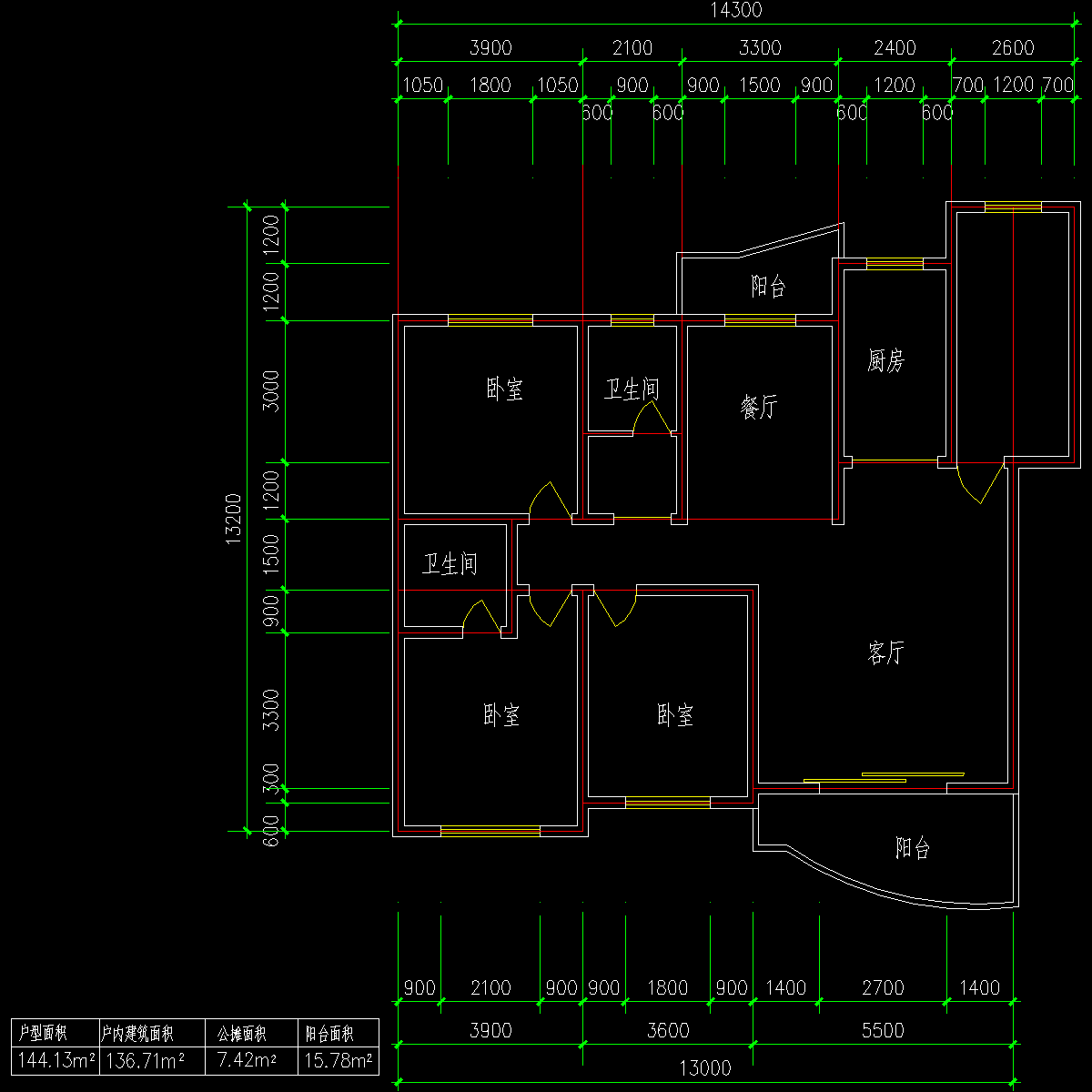 板式多层单户三室一厅二卫户型CAD图纸 - 1