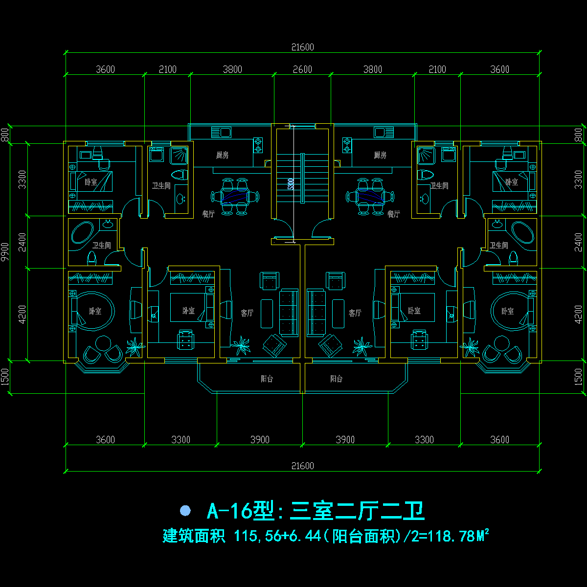 板式多层一梯二户三室二厅二卫户型CAD图纸 - 1