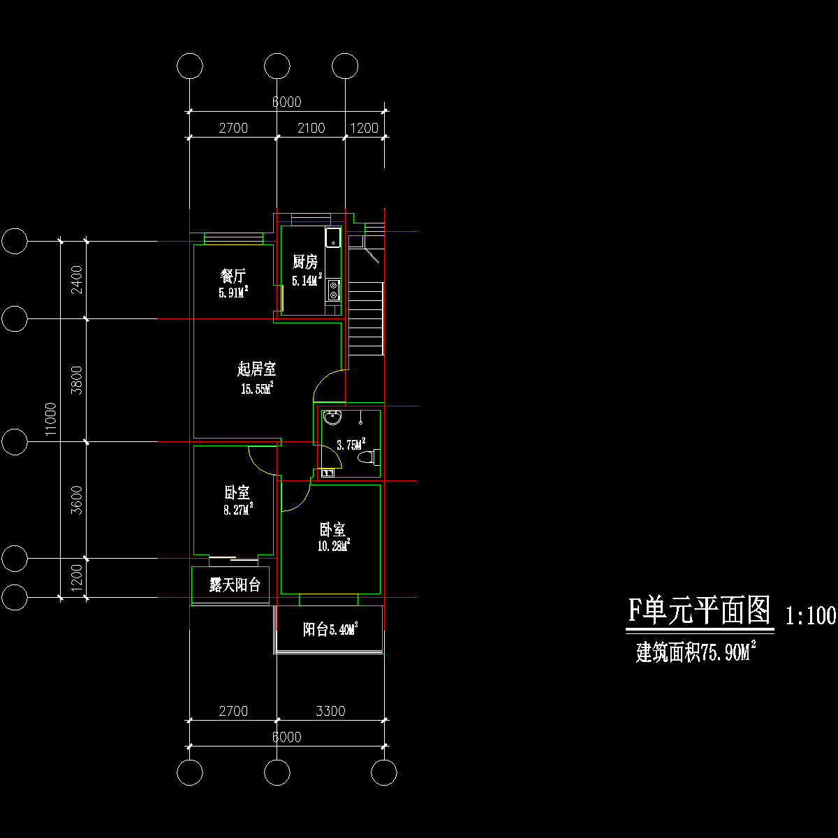 板式多层两室单户户型CAD图纸 - 1