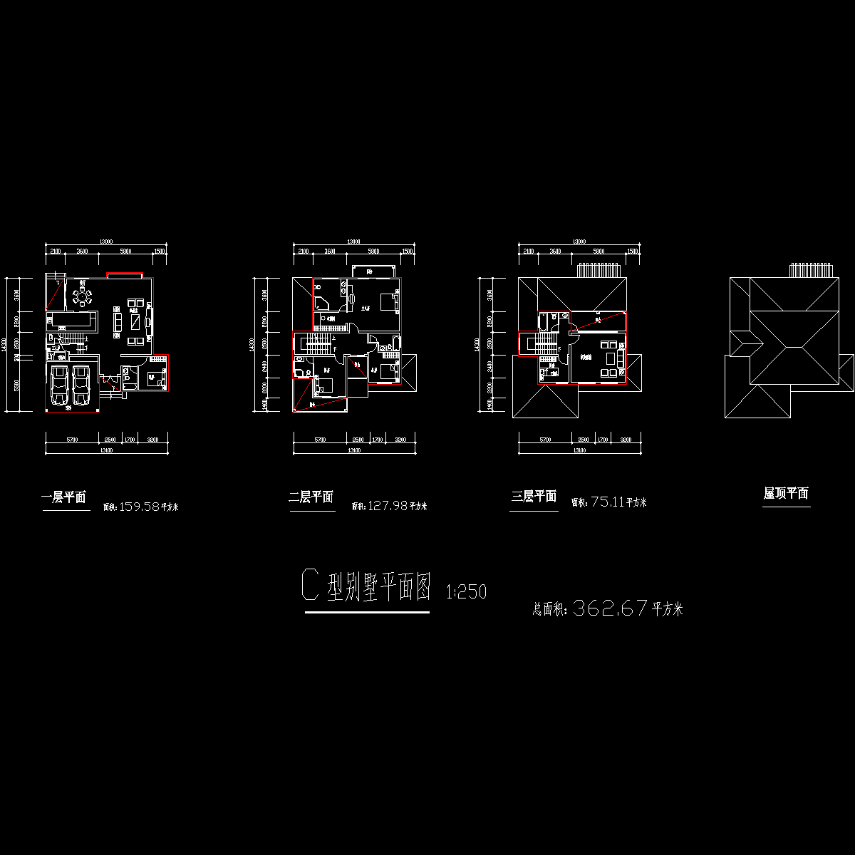 3层独栋别墅户型CAD图纸 - 1