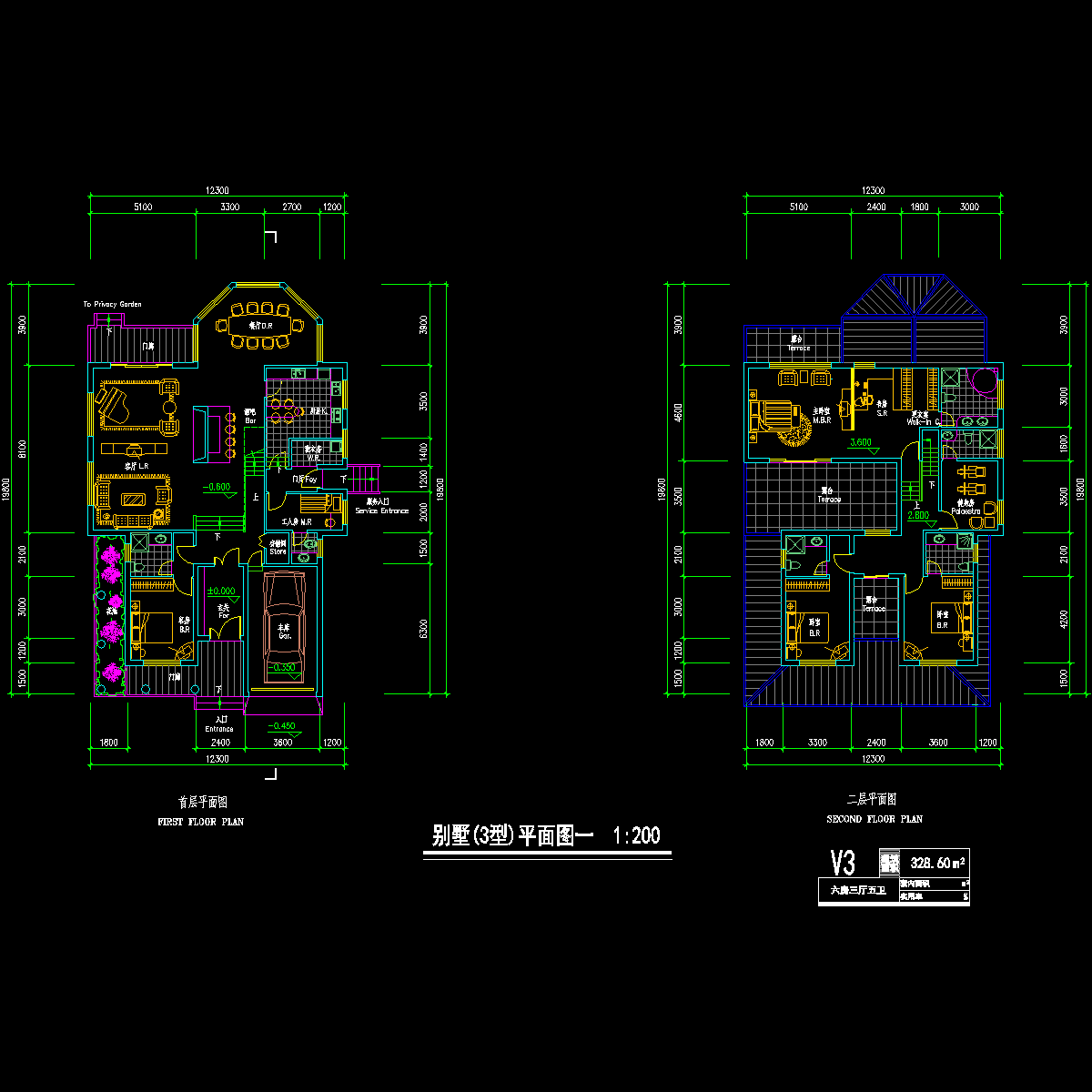 2层独栋别墅户型CAD图纸（南入口、328平方米） - 1