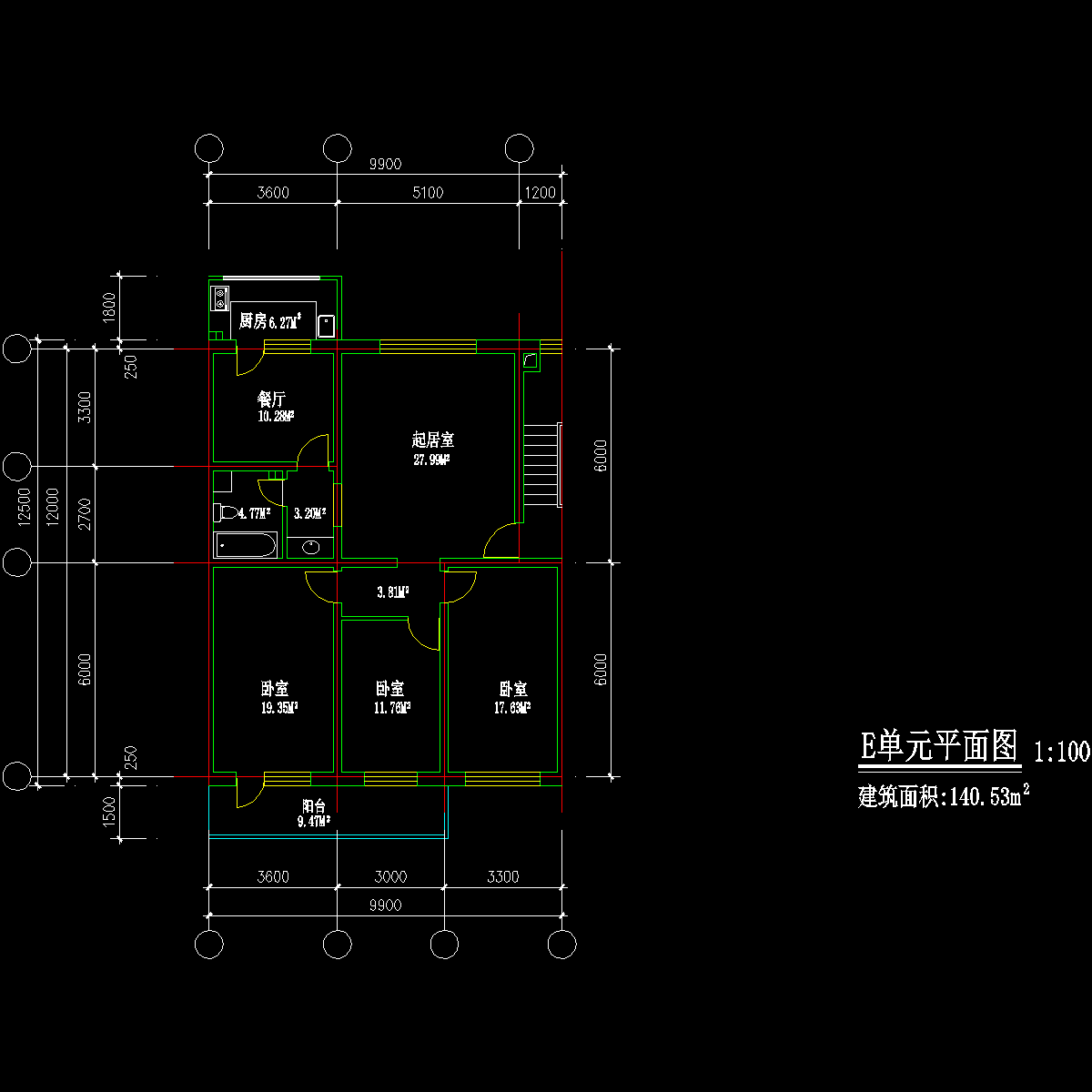 板式多层三室单户户型CAD图纸 - 1