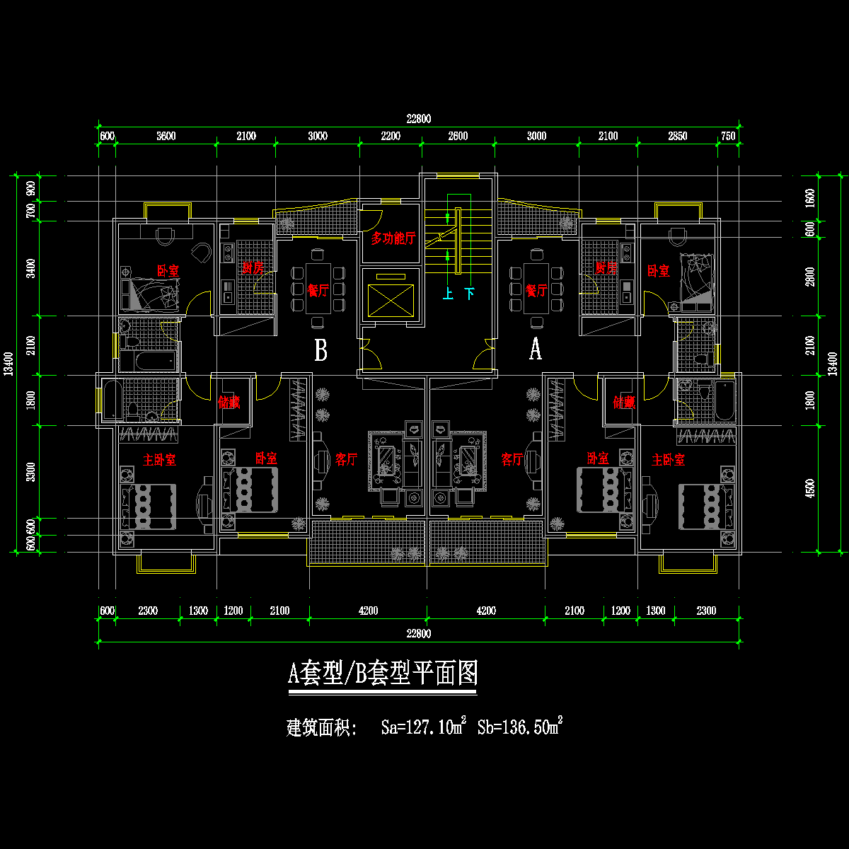 板式高层一梯两户户型CAD图纸 - 1