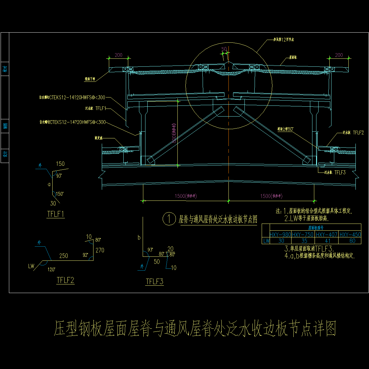 压型钢板屋面屋脊与通风屋脊处泛水收边板节点详图纸cad - 1