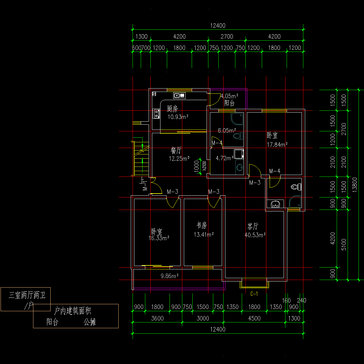 板式多层一梯二户三室二厅二卫户型CAD图纸 - 1