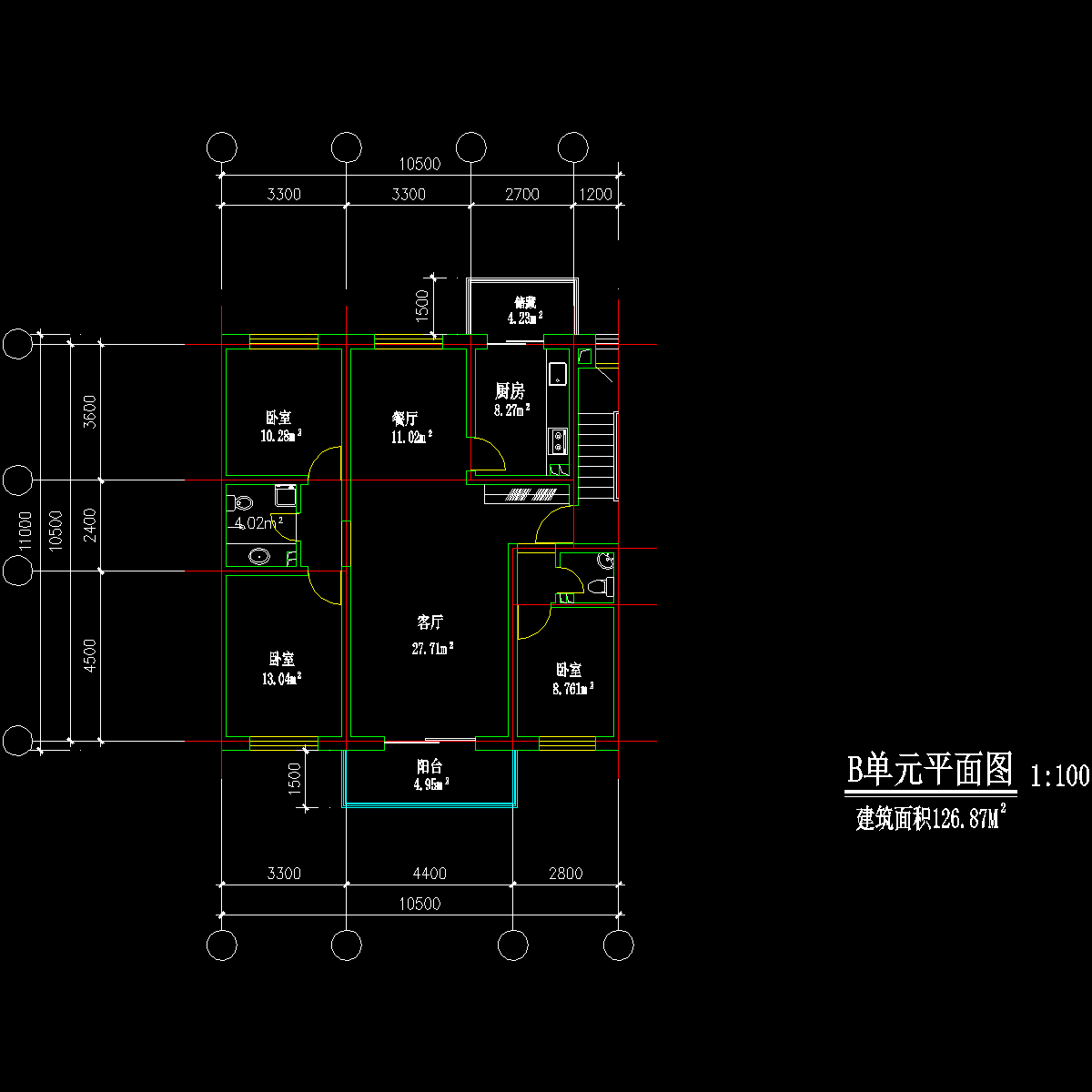 板式多层三室单户户型CAD图纸 - 1