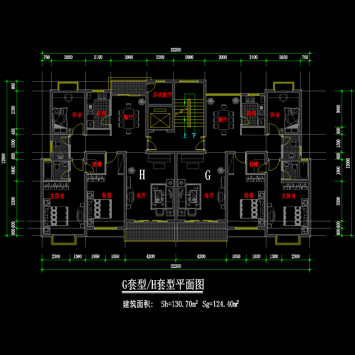 板式高层一梯两户户型CAD图纸 - 1