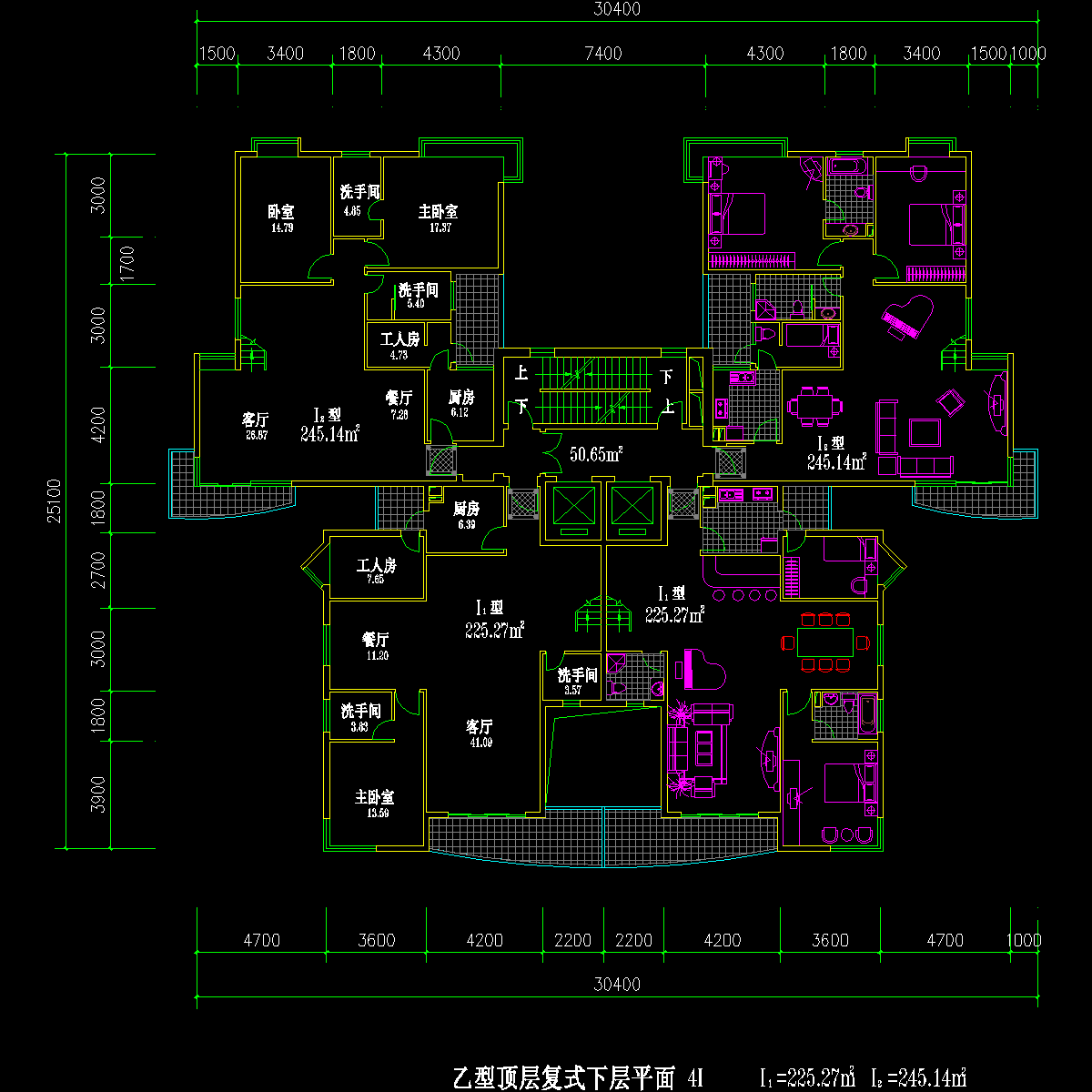 高层塔式一梯四户平面户型（225.3/225.3/245.1/245.1）_CAD - 1