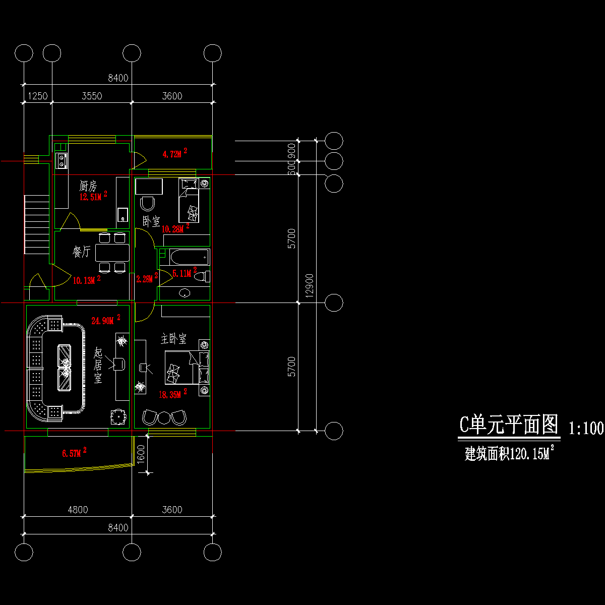 板式多层两室单户户型CAD图纸 - 1