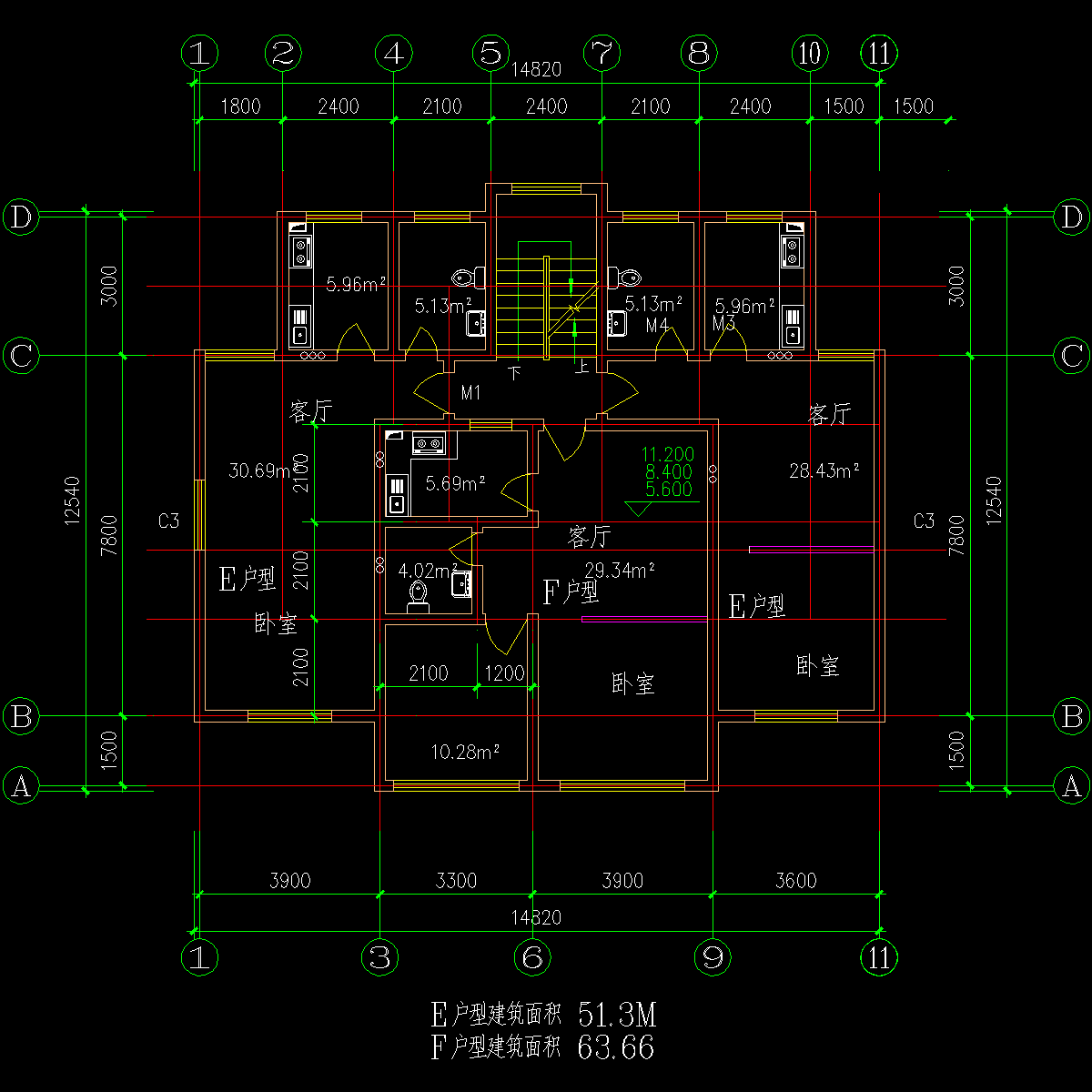 塔式多层一梯三户户型CAD图纸 - 1