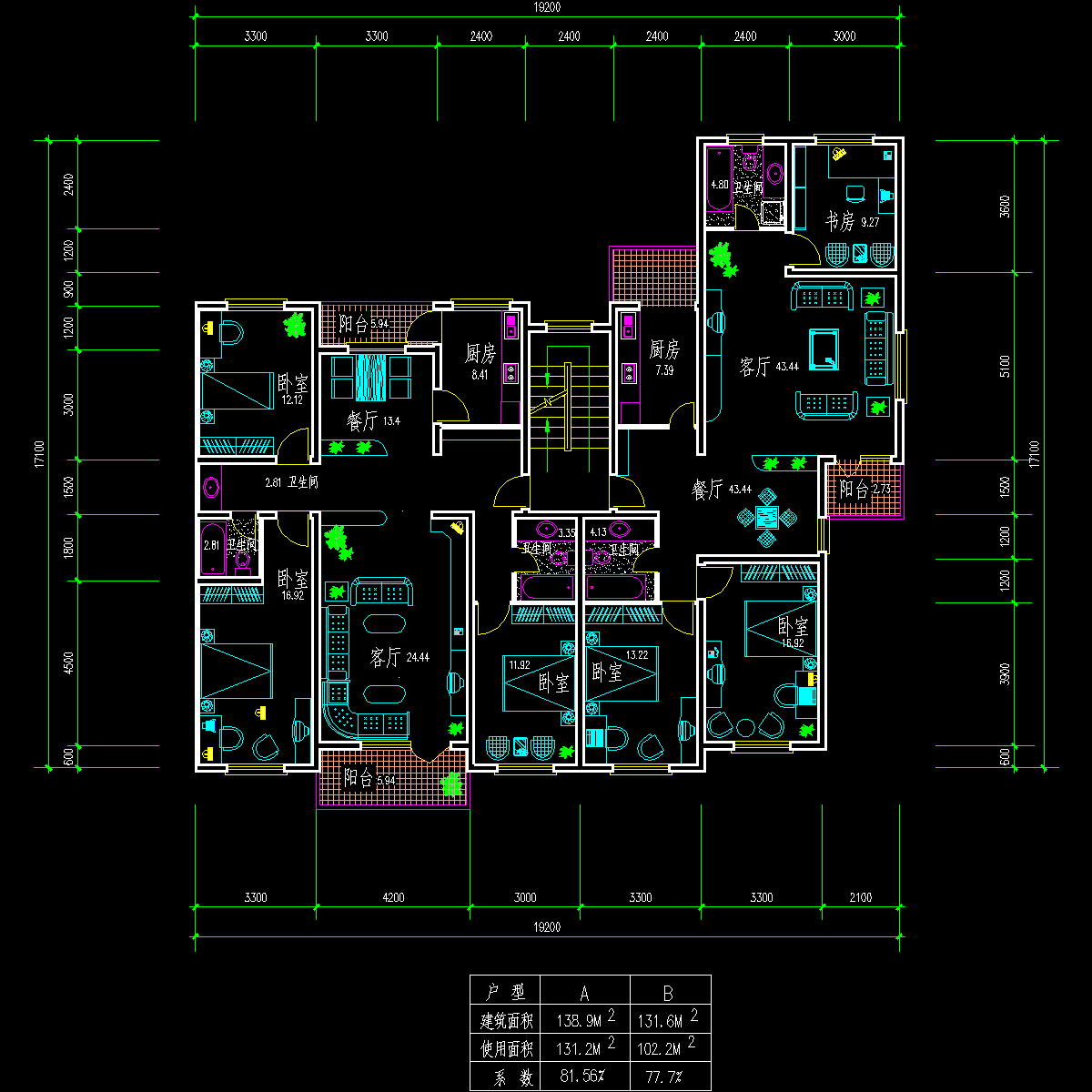 板式多层一梯两户三室二厅户型CAD图纸 - 1