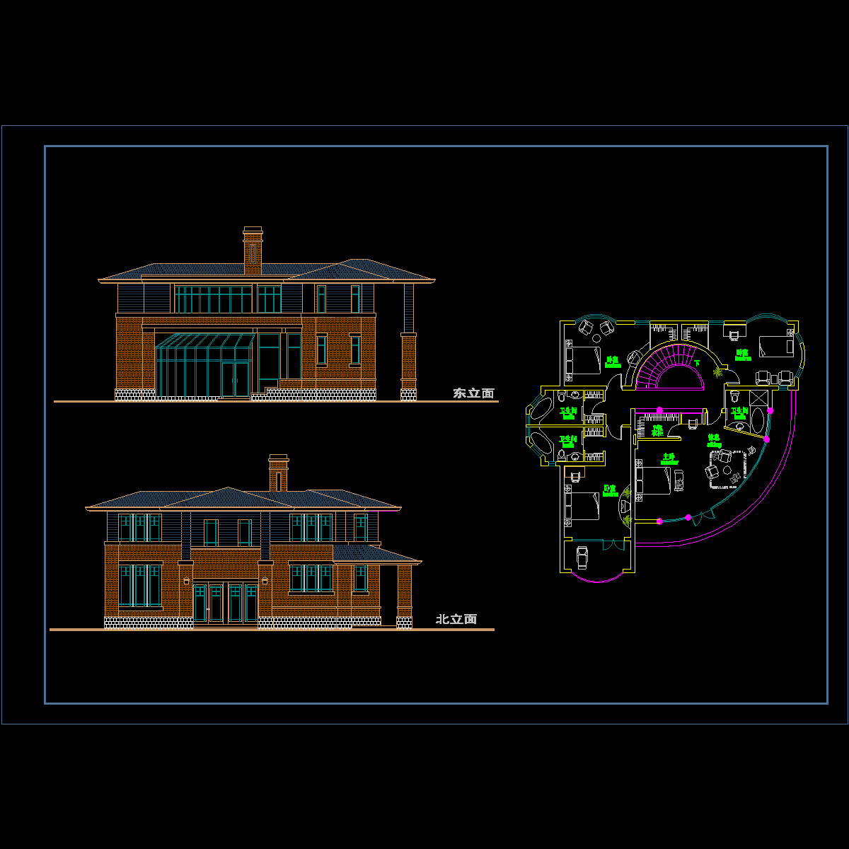 2层北美风格弧形别墅建筑方案设计CAD初设图纸 - 1