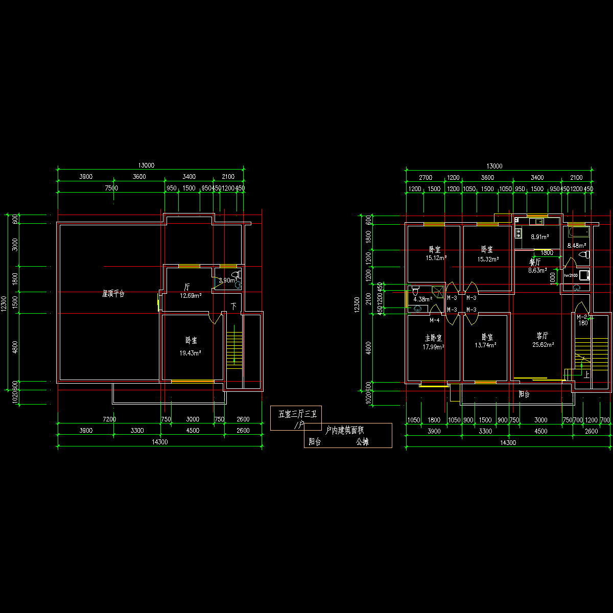 板式多层一梯二户五室三厅三卫有跃层户型CAD图纸 - 1