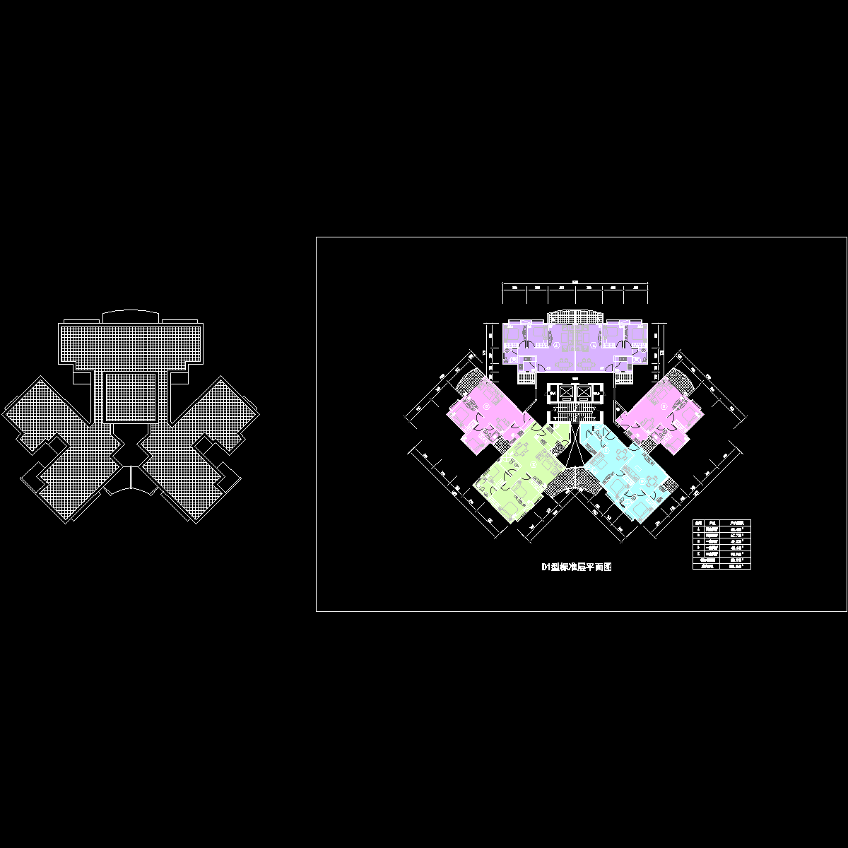 塔式多层一梯六户户型CAD图纸 - 1