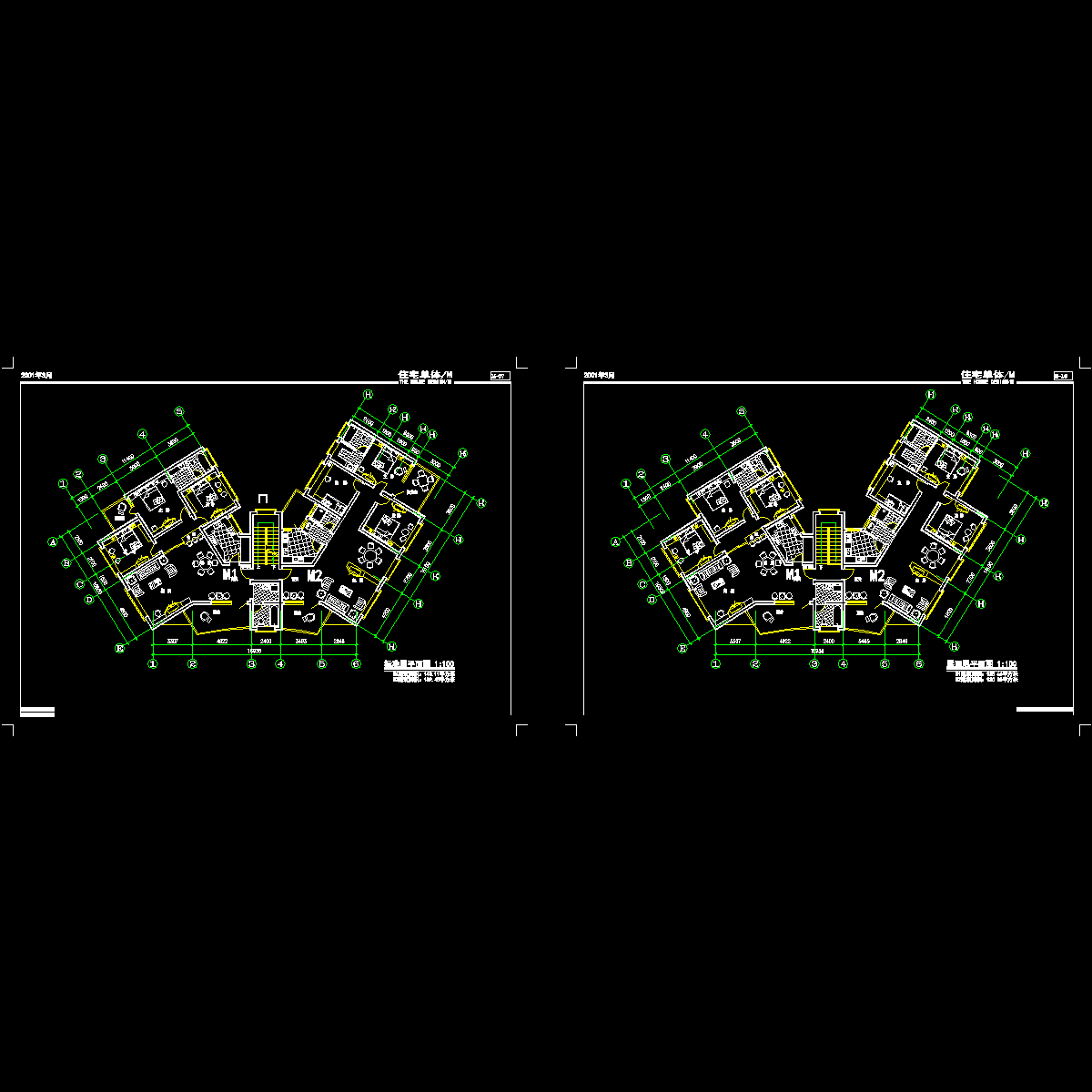 M型户型转角平面CAD图纸 - 1