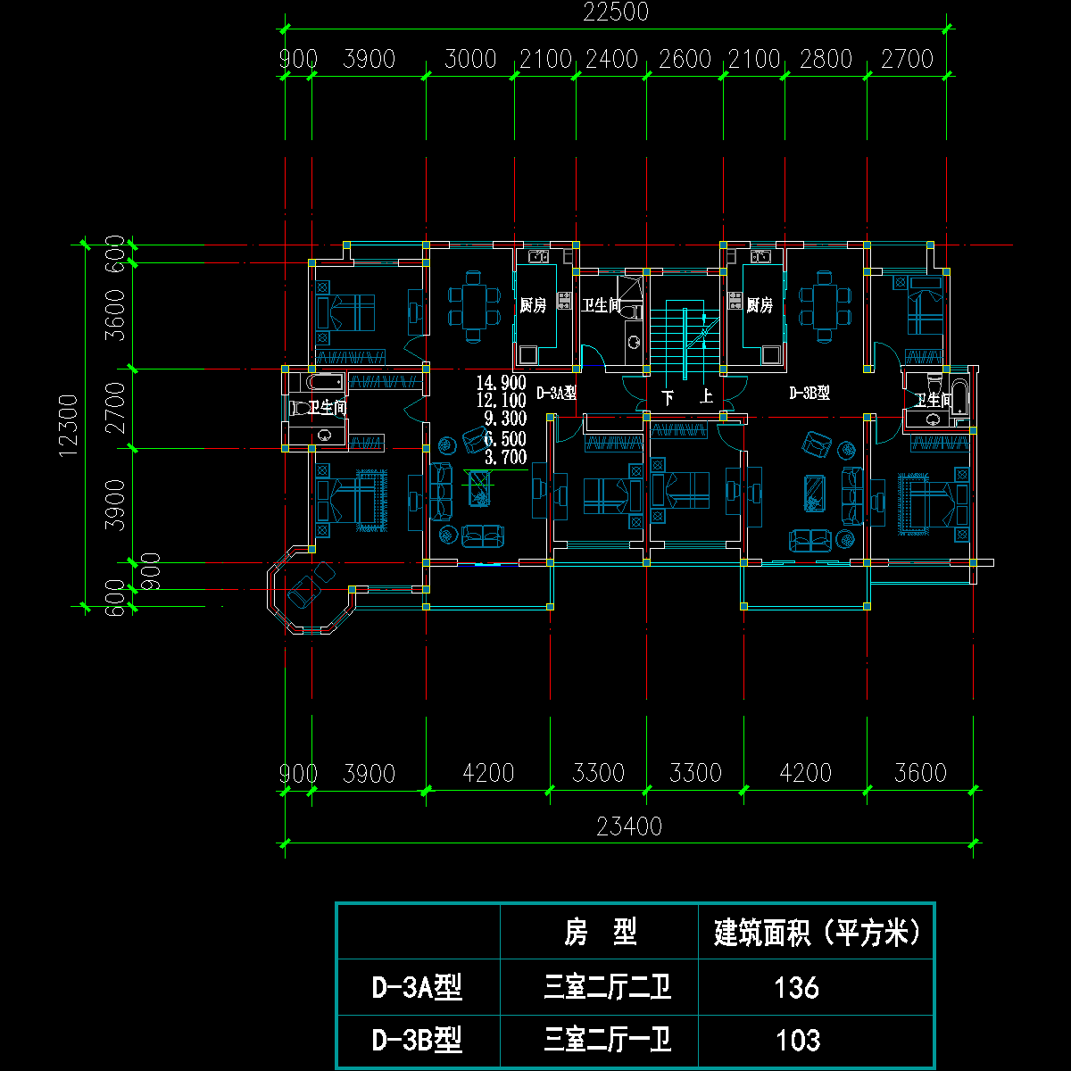 板式多层一梯二户户型CAD图纸 - 1