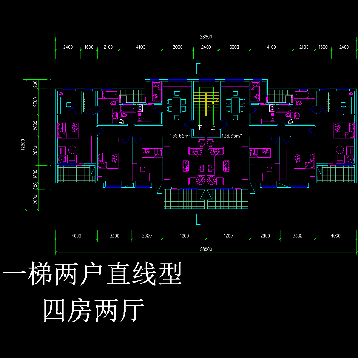 板式多层一梯二户直线型四室二厅户型CAD图纸 - 1