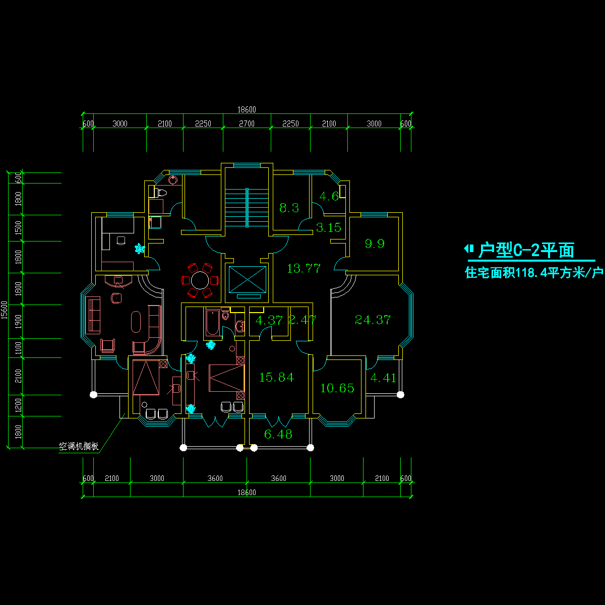 板式高层一梯二户户型CAD图纸 - 1