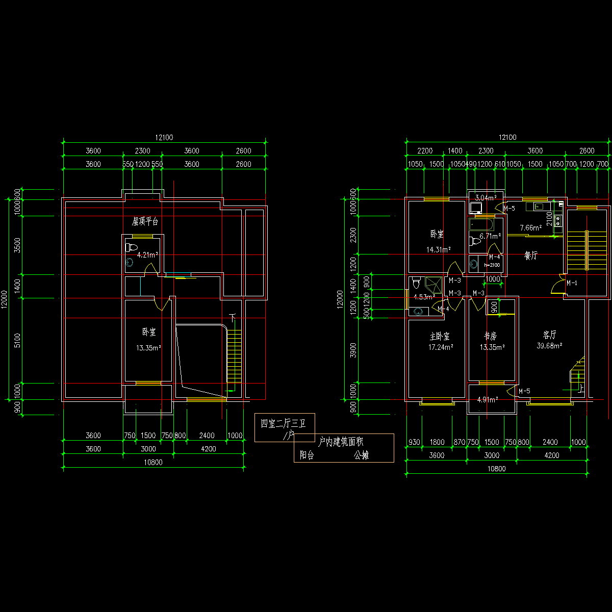 板式多层一梯二户四室二厅三卫有跃层户型CAD图纸 - 1