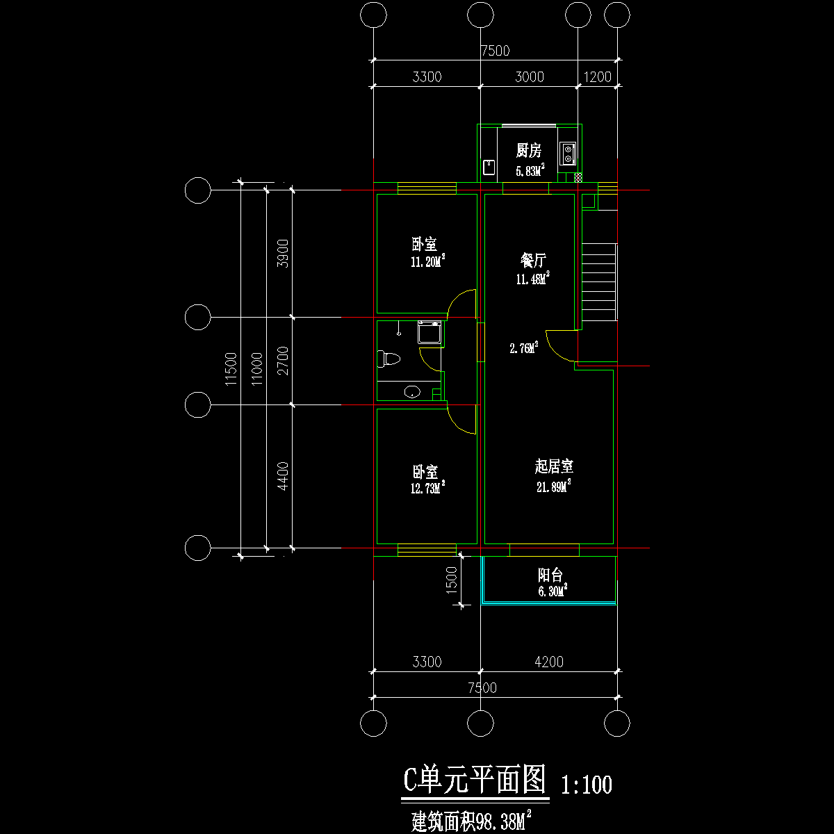 板式多层两室单户户型CAD图纸 - 1