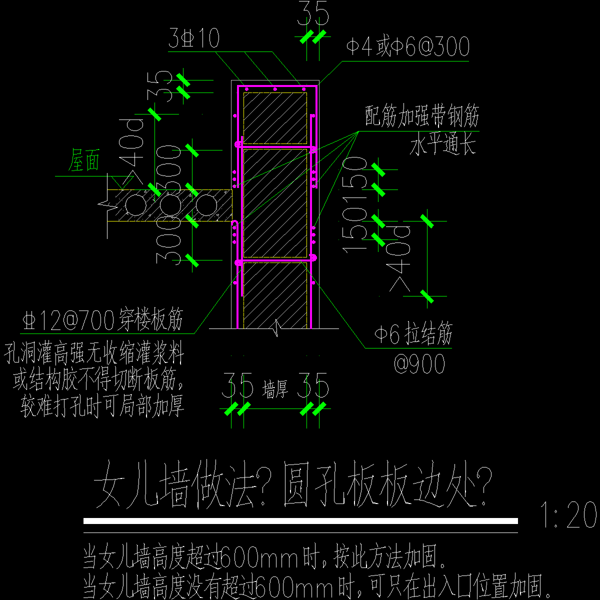 砖混墙体加固大样之女儿墙做法（圆孔板板边处）_CAD - 1