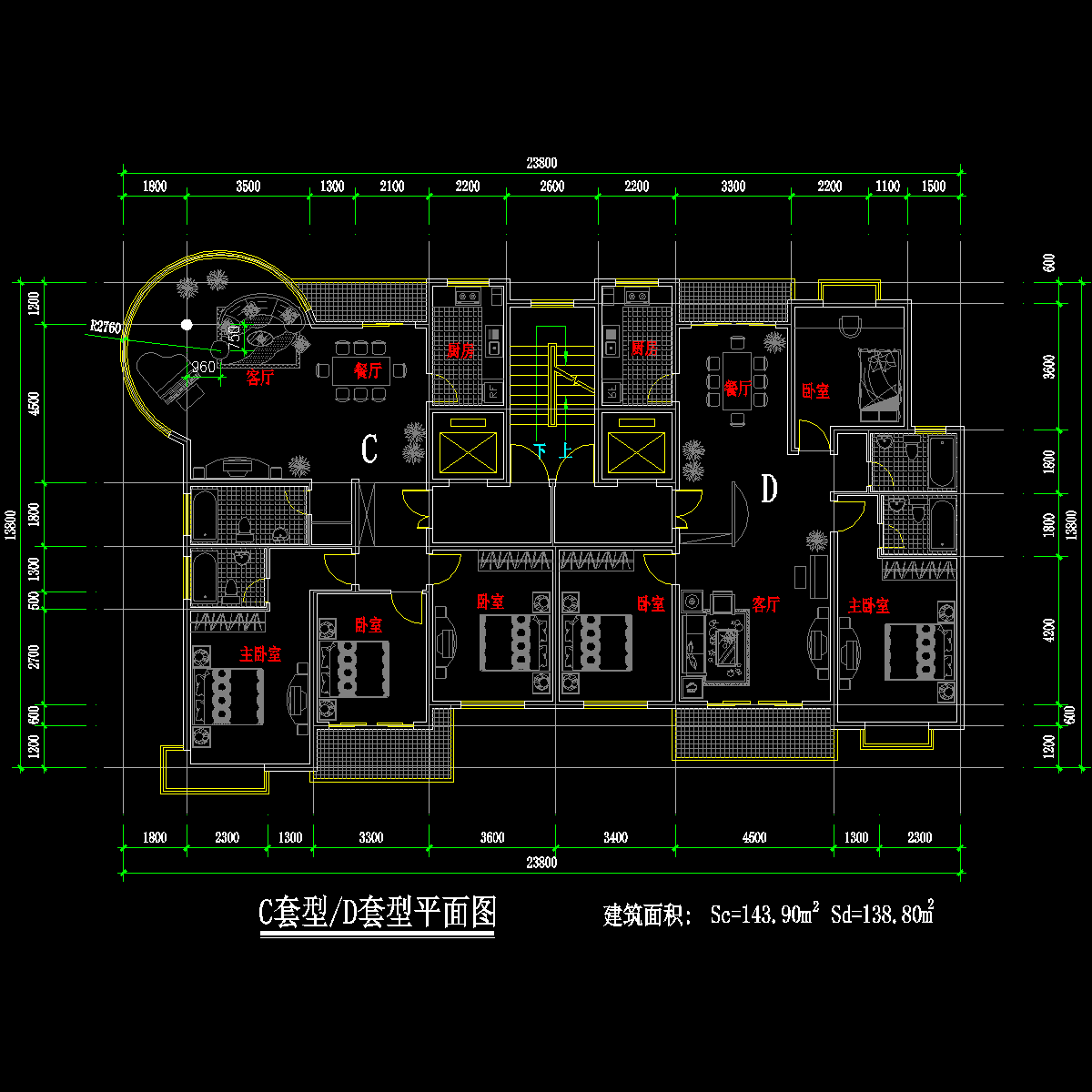 板式高层一梯两户户型CAD图纸 - 1
