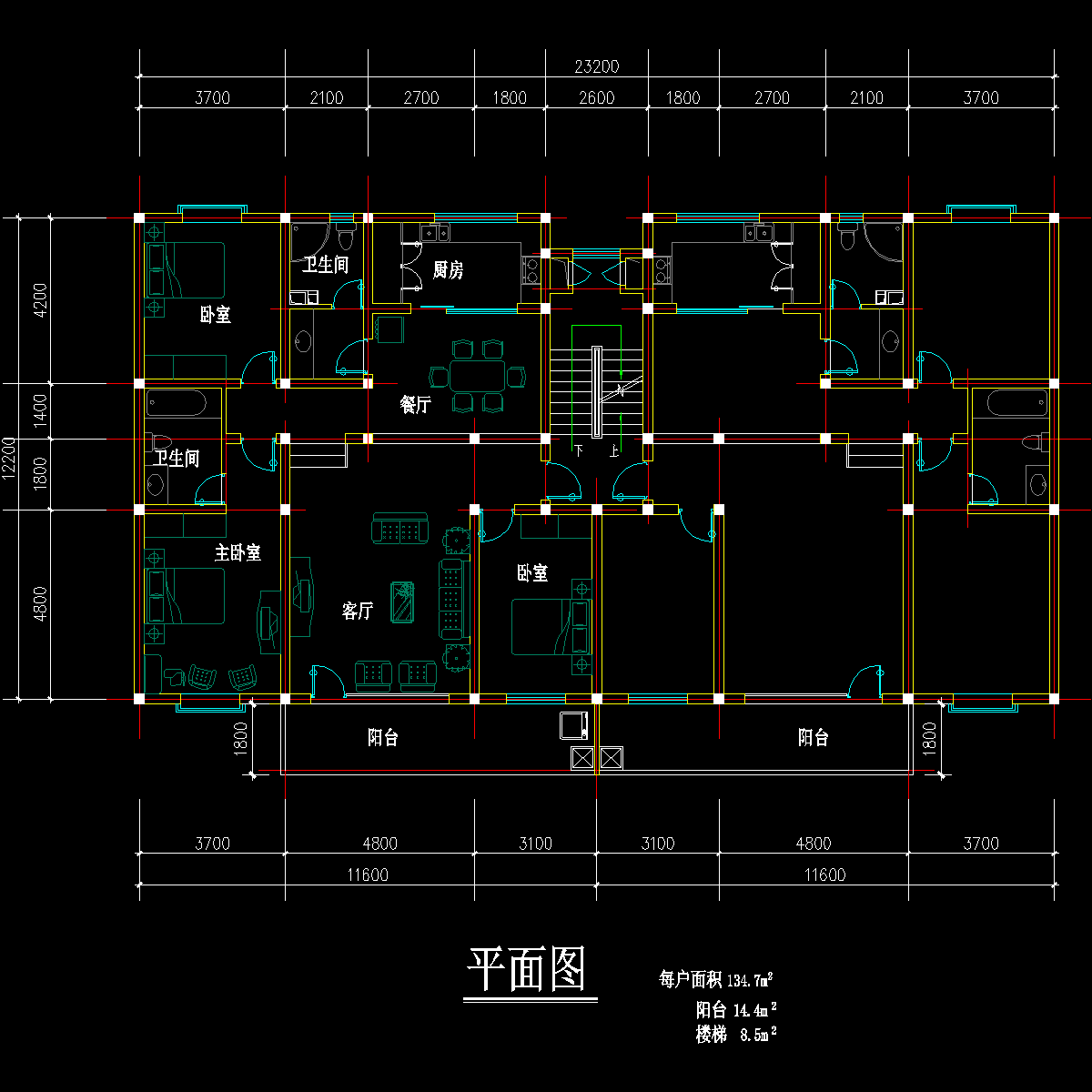 板式多层一梯二户户型CAD图纸 - 1