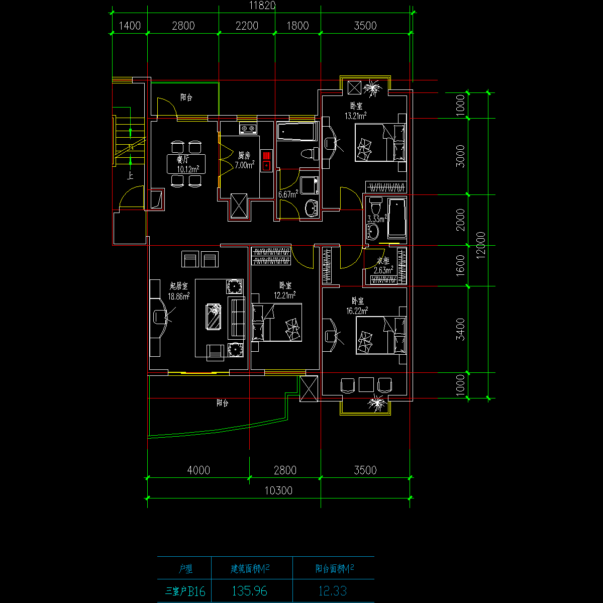 板式多层一梯两户三室一厅二卫户型CAD图纸 - 1