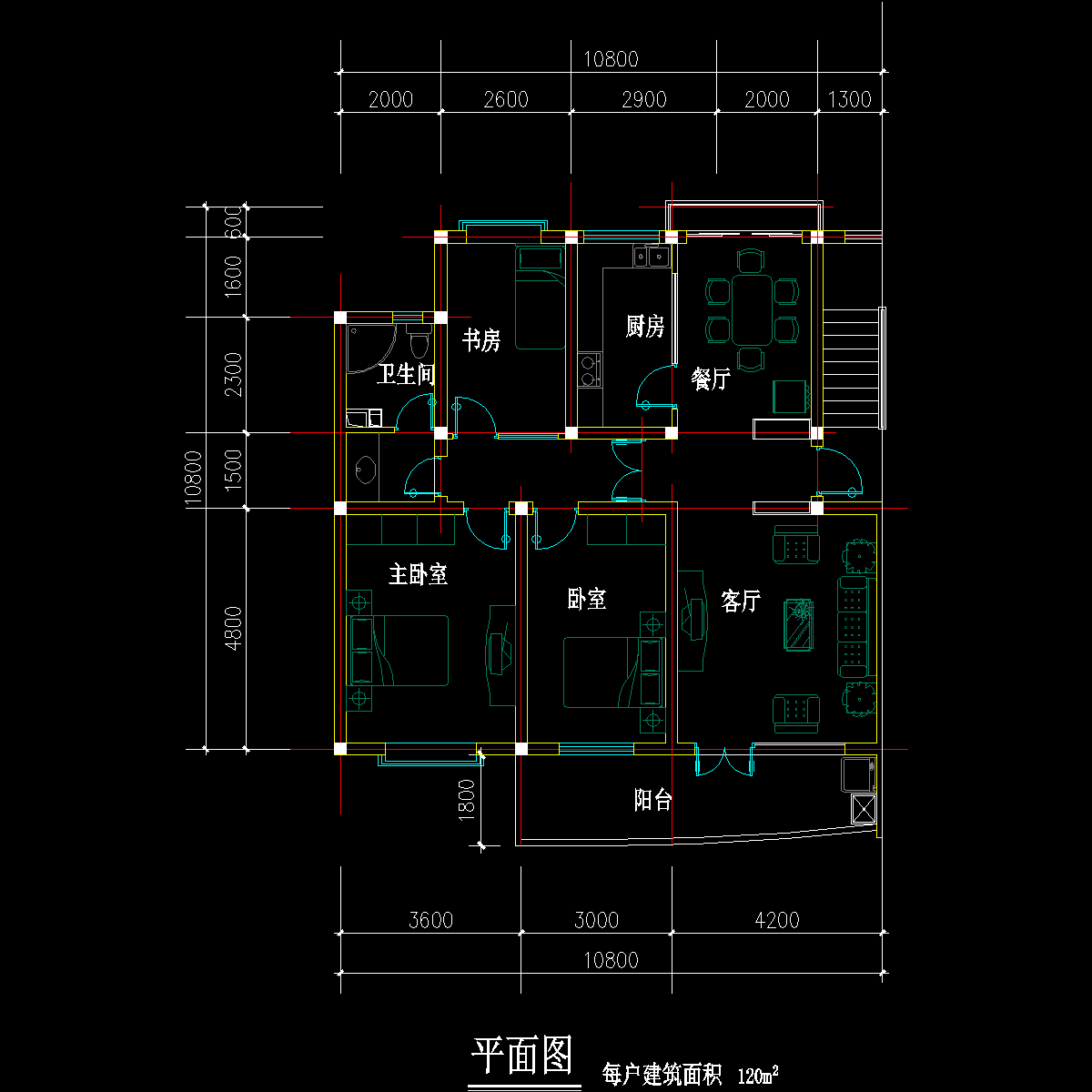 板式多层单户三室二厅一卫户型CAD图纸 - 1