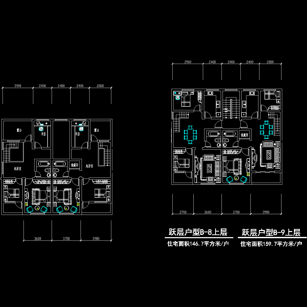 板式多层一梯二户有跃层户型CAD图纸 - 1