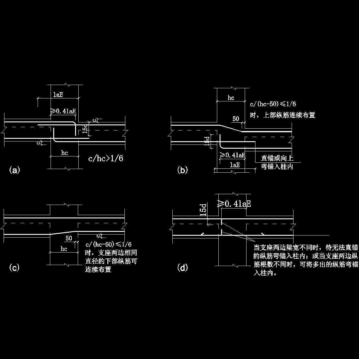 框柱两侧梁高宽不等时纵筋构造示意图纸cad节点详图 - 1