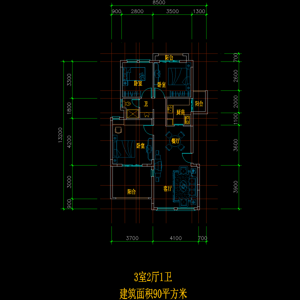 板式多层单户三室二厅一卫户型CAD图纸 - 1