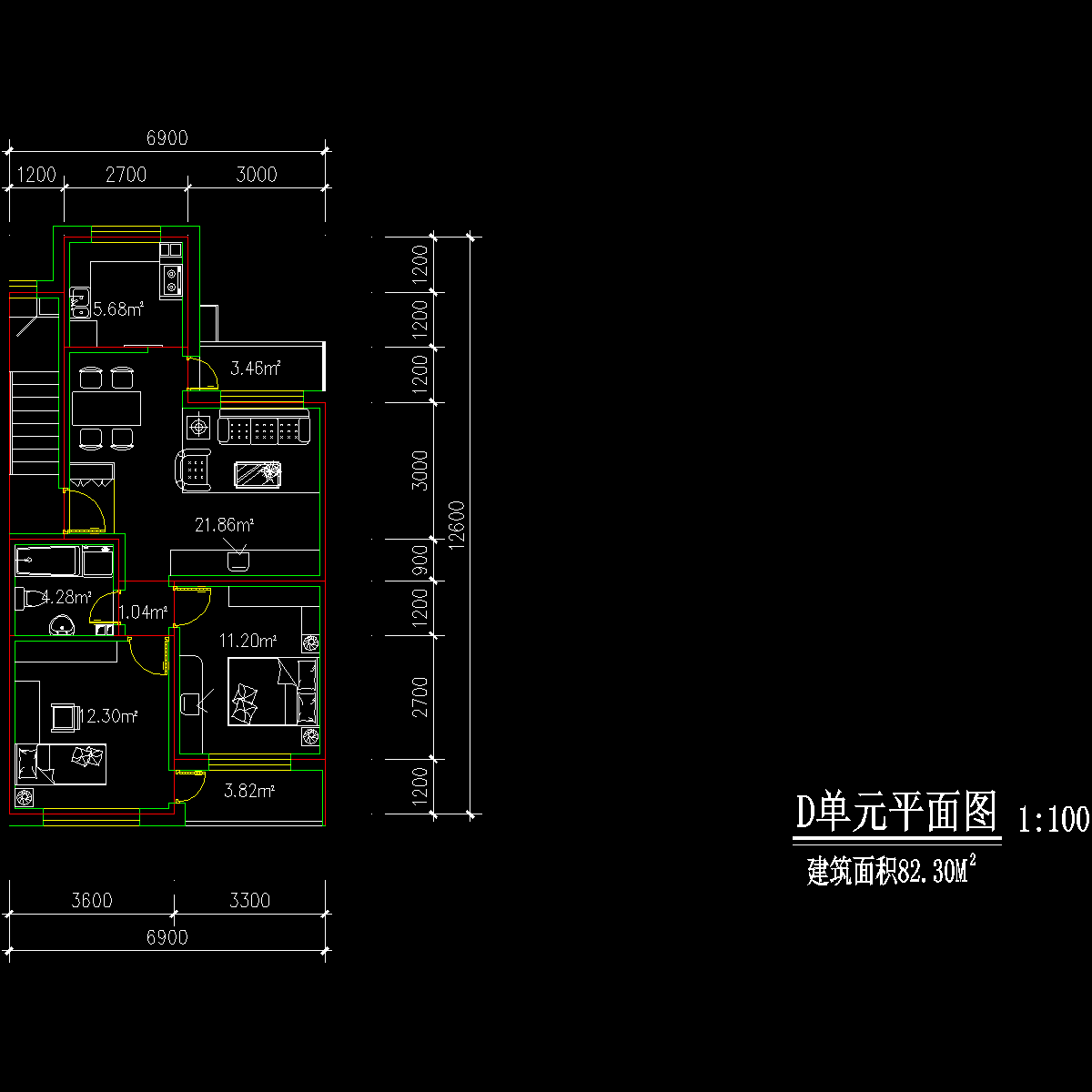 板式多层三室单户户型CAD图纸 - 1